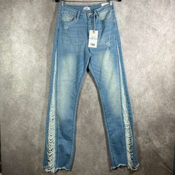 YMI Jeans Womens Size 11/30 Blue Denim High Rise Flare Side Destruction NEW - Picture 2 of 14